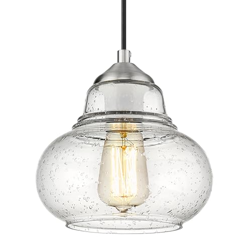 8 Inch Bubble Glass Pendant Light Industrial Kitchen Island Globe Hanging Pendant Light Fxiture Modern Hand Blown Seeded Glass for Farmhouse Dining Room Bar Bedroom Living Room Brushed Nickel