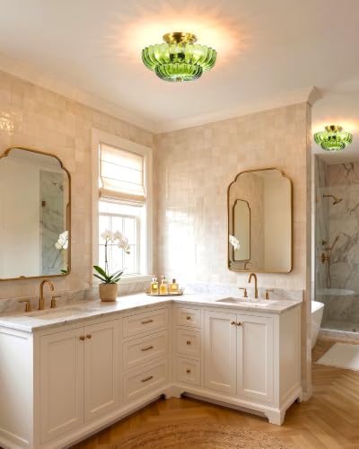 Semi Flush Mount Ceiling Light Fixture 11.8" Vinatge Gold Ceiling Lights Mid Century Modern Green Glass Close to Ceiling Lighting Fixtures for Bedroom Hallway Foyer Bathroom Kitchen Entryway (3 Count)