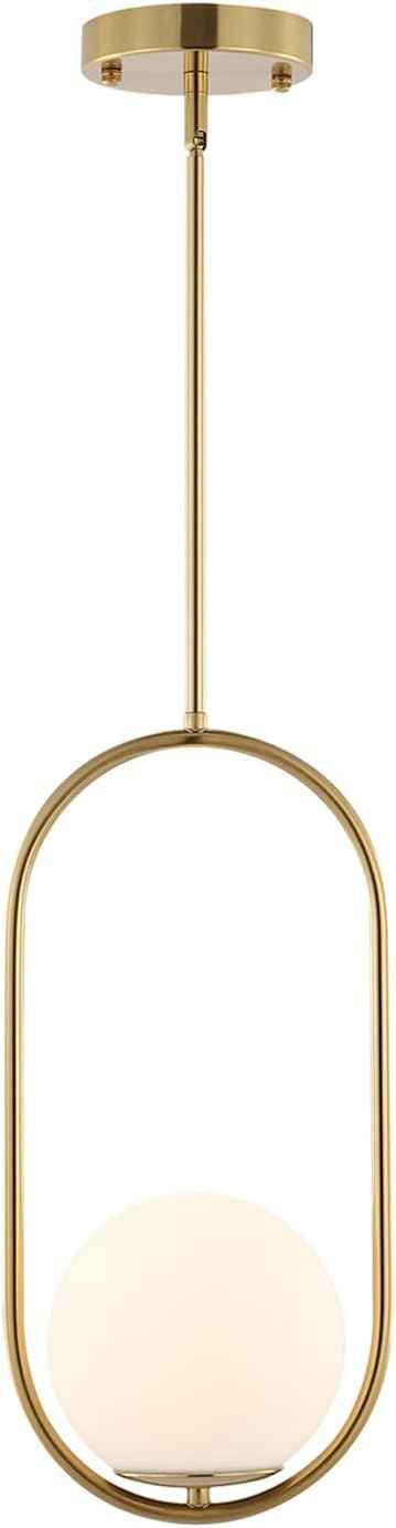 Modern Gold Globe Pendant Light Mid Century Chandelier 1-Light Brushed Brass Ceiling Hanging Lighting Fixture with White Globe Glass Shade for Kitchen Island Dining Room Bedroom