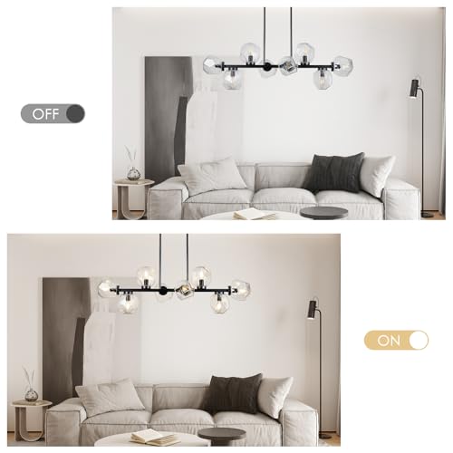 Modern Linear Chandeliers 8 Light Clear Glass Dining Room Light Fixture 39"" Black Mid Century Chandelier Pendant Light for Living Room Kitchen Island