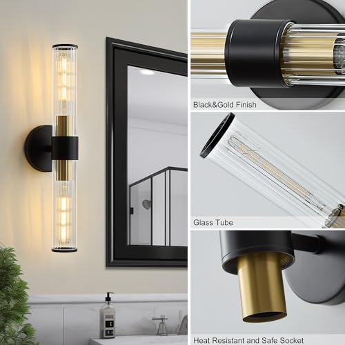 Hardwired Black Gold Vanity Light Threaded Glass Wall Sconce