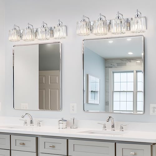 4 Light Modern Bathroom Light Fixture Chrome Bathroom Vanity Lights Over Mirror Wall Sconce Lighting with K9 Crystal Shades E26 Base for Bedroom