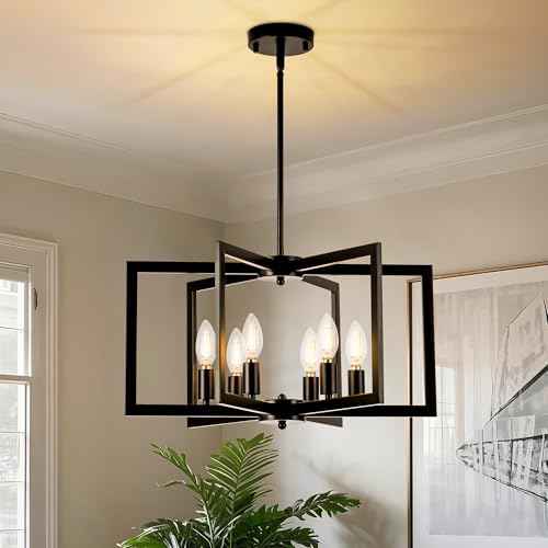 Matte Black Modern Chandelier 6-Light, Geometric Pendant Light Fixture with E12 Candelabra Base (Bulbs NOT Included), Open Frame Hanging Lighting for Dining Room, Kitchen Island, Foyer and Living Room