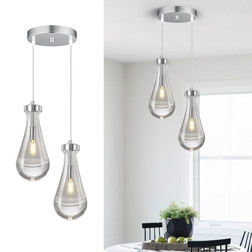 Raindrop Pendant Lights Kitchen Island Teardrop Chrome Hanging Light Fixtures Clear Solid Glass Pendant Light Modern Chandeliers for Dining Room Porch Corridor Living Room