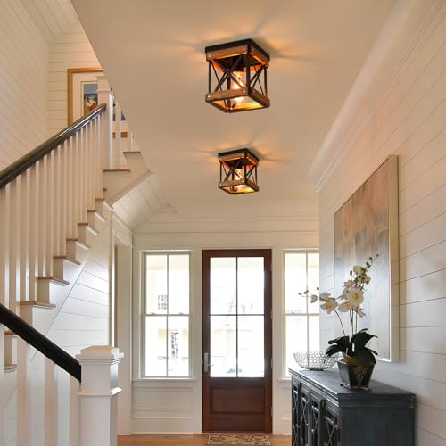 Rustic Farmhouse Wood Flush Mount Ceiling Light Fixture Oak Wood and Metal Square Cage Small Semi Flush Mount Ceiling Light for Kitchen Hallway Entryway Bedroom Farmhouse Country