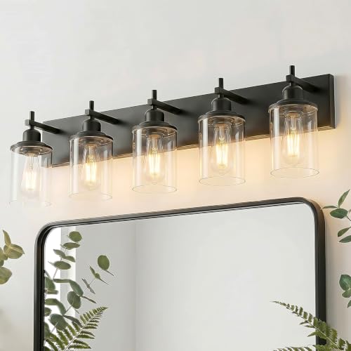 5 Light Black Bathroom Light Fixture Over Mirror Modern Farmhouse Bathroom Vanity Light Vintage Wall Lighting with Clear Glass Shade for Bathroom (5 Count)