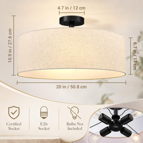20 Inch Drum Semi Flush Mount Ceiling Light Fixture Black