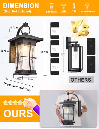 18" H Extra Large Outdoor Wall Sconce Black Large Exterior Wall Lantern Outside House Lamps Waterproof Mission Light Fixtures with Clear Seeded Glass