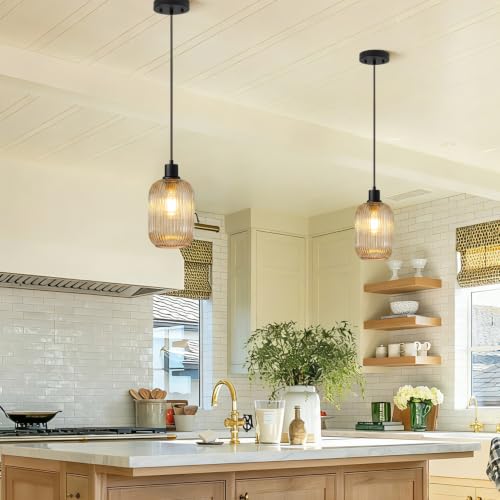 2 Pack Pendant Lights with Vintage Amber Ribbed Glass Lampshade (2 Count)