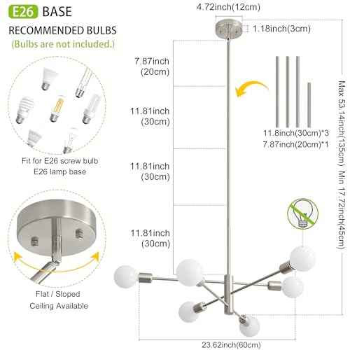 Chandeliers for Dining Room Brushed Nickel 6Light Modern Kitchen Chandelier | Sputnik Ceiling Light Fixture, UL Certified, E26 Base 60W Max, Height Adjustable, Dimmable Mid Century Style for Living Room