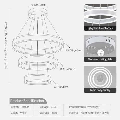 Modern LED Chandeliers Adjustable Hanging White Pendant Light Fixture 3 Ring Flush Mount Chandeliers for Bedroom