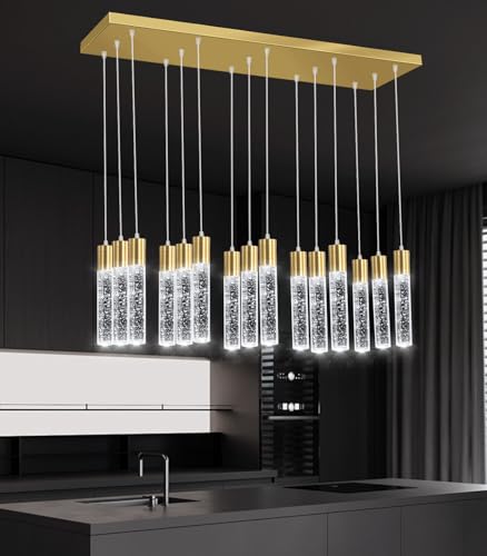 15 Lights Modern LED Pendant Lighting Fixture for Kitchen Island Crystal Chandelier Light Fixtures for Dining Room Living Room Gold