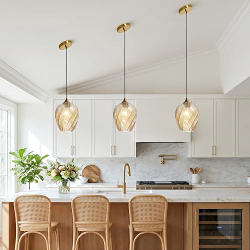 Amber Glass Pendant Lights Kitchen Island Gold Hanging Ceiling Light 8"