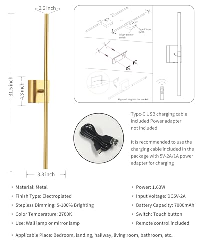 Gold 31.5" Cordless Wall Sconces Set of 2 (2 Count)