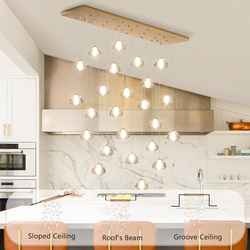 24 Lights Modern Crystal Rectangular Chandelier LED Raindrop Ceiling Pendant Light Crystal Lighting Fixture for Living Room Hotel Staircase Hallway Foyer Entryway Bedroom Gold (24 Count)