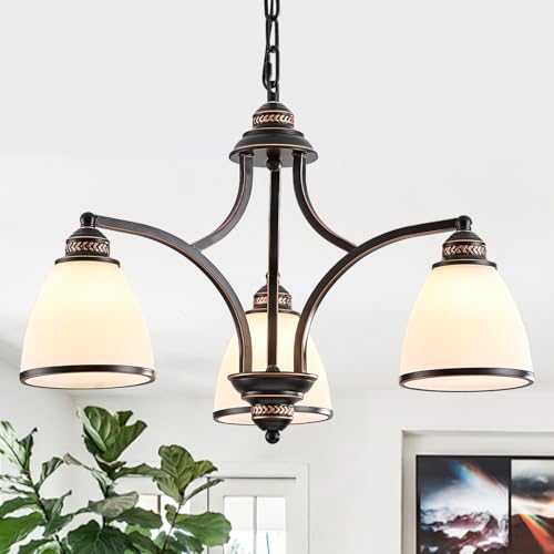 3 Light Classic Rustic Chandelier for Farmhouse with Milk White Frosted Glass Shades Black Dining Room Light Adjustable Height Ceiling Hanging Light Fixtures for Dinner Table
