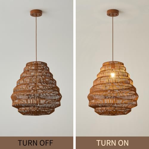 H-20.1" Hand-Woven Rattan Chandelier, Boho Layered Teardrop Pendant Light with Open-Weave Basket Shade, Natural Brown Wicker Pendant Lamp for Kitchen Island, Dining Room, Living Room, Bedroom