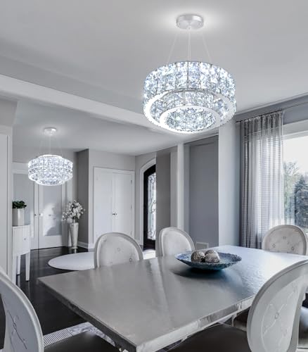 LED Chandeliers for Dining Room LED Dimmable Pendant Lights for Kitchen Island Crystal Adjustable Chandelier for Bedroom Hallway Entrance 12" Silver Light