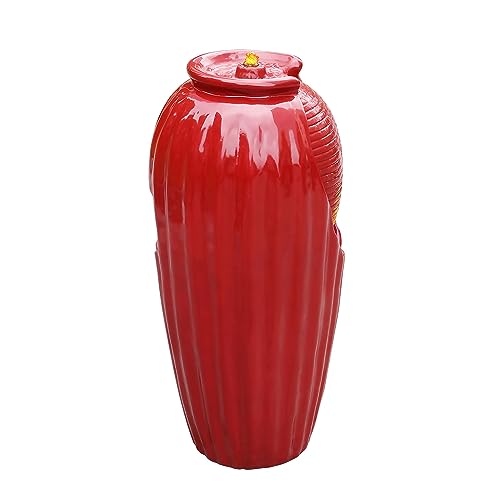 Glazed Vase Floor Freestanding Water Fountain with LED Lights and Pump for Outdoor Patio Backyard Deck Plant Garden Décor