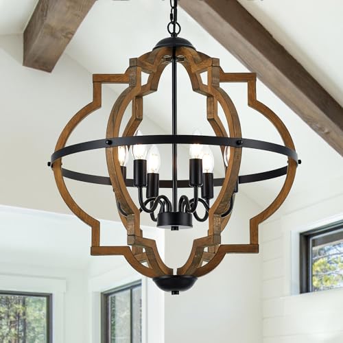 22.83" 6 Light Brown Oak Wood Drum Pendant Light for Dining Room