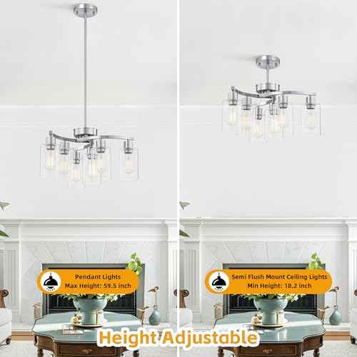 6-Light Modern Chandelier, Brushed Nickel Dining Room Light Fixture, Farmhouse Industrial Chandelier Hanging Over Table, Height Adjustable Pendant Lighting for Kitchen Island Foyer, Clear Glass Shade