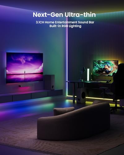 Sound Bar for Smart TV 3.1CH PC Gaming Soundbar with Subwoofer RGB Lighting Audio Sync Surround Sound System BT 5.3