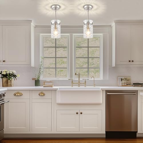 2 Pack Brushed Nickel Pendant Lights Kitchen Island Modern Hammered Glass (2 Count)