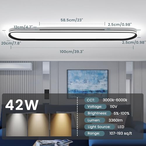 Modern LED Ceiling Light Dimmable Linear Ceiling Light 39.4in Semi Flush Mount Long Lights with Remote Control and Side Lighting for Living Room Kitchen Dining Room (2 Count)