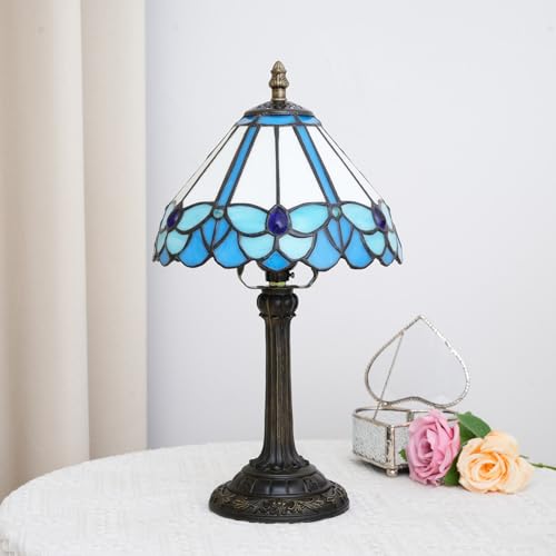 Tiffany Lamp Little Blue Butterfly Style Stained Glass Reading Lamp 8X8X14 Inch Bedroom Bedside Nightstand Night Light Home Office Desk Lamp with LED Bulb