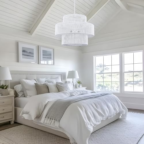 22" Farmhouse Rattan Chandeliers Large White Boho Light Fixtures for Dining Room Kitchen Island Living Room Foyer Hallway 5