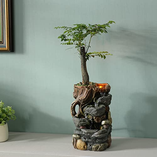 Indoor 5 Tier Rockery Tabletop Waterfall Fountain with Auto Watering and Small Plastic Plant Pot