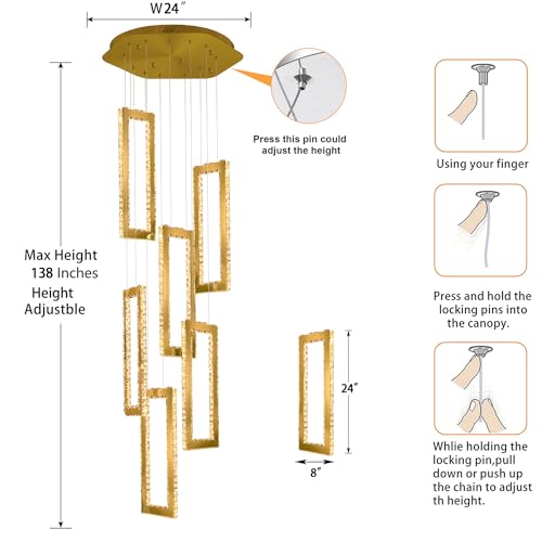 Modern Led Gold Chandelier Adjustable 6 Rings Crystal Chandelier for Living Room Foyer Stairwell Lighting High Ceiling Lamp Dimmable 2700K