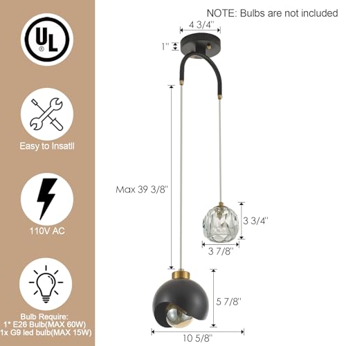 2 Light Modern Pendant Light with Crystal Accent