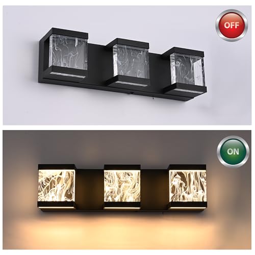 Modern LED Bathroom Lights Over Mirror 15W 3 Lights LED Vanity Light Bar with Unique Smoke Acrylic Panel Black Bathroom Wall Light Fixtures for Bath Powder Room
