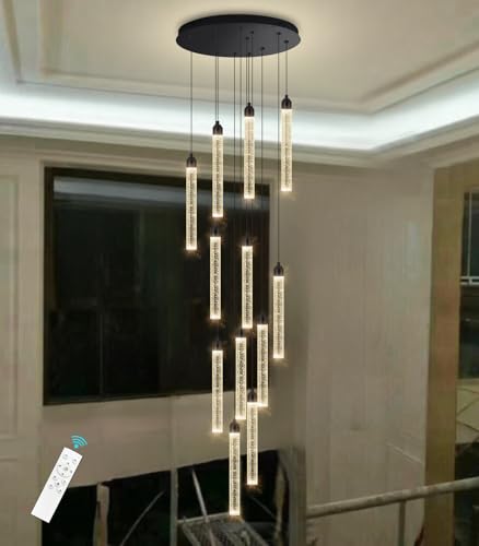 12 Lights Modern Chandeliers for Entryway High Ceiling Chandelier LED Dimmable Long Lights Fixture Pendants Lighting Crystal Chandeliers for Hallway Foyer Living Room Black Finished Lighting