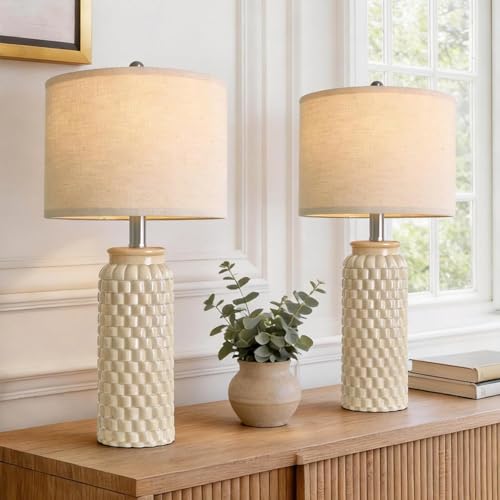 24" Modern Ceramic Bedside Lamp Set of 2 for Bedroom Decor Farmhouse Table Lamp for Living Room Office Dorm Cream (2 Count)