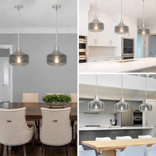 Chrome Pendant Lights Kitchen Island with Smoke Grey Glass over Kitchen