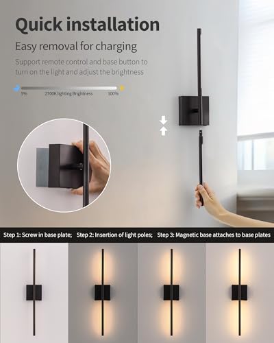Black 23.6" Cordless Wall Sconces Set of 2 (2 Count)