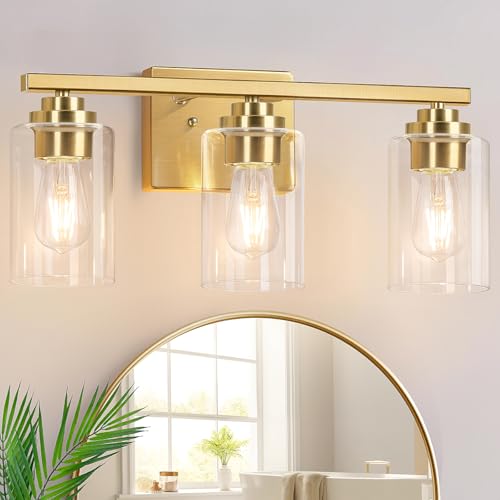 19" Gold Modern Vanity Lights Over Mirror with Clear Glass Shades