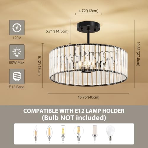 Crystal Black Semi Flush Ceiling Light 15.75 Inch