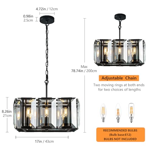 Black Modern Crystal Chandeliers Rectangle Farmhouse Pendant Light Semi Flush Mount Ceiling Light Fixture for Bedroom Dining Room Kitchen Island Living Room Foyer Hallway