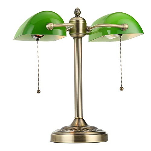 Green Double Head Glass Bankers Desk Lamp
