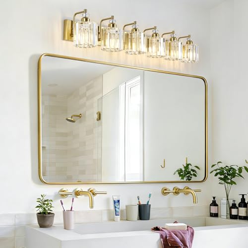 6 Light Modern Vanity Lights Brushed Brass Bathroom Light Fixtures Over Mirror Gold Bathroom Vanity Lighting with Crystal Shade E26 Base Wall Sconce for Bedroom Living Room Restroom Wall Lamp