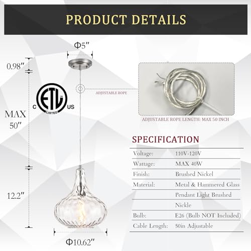 11" Brushed Nickel Hammered Glass Pendant Light
