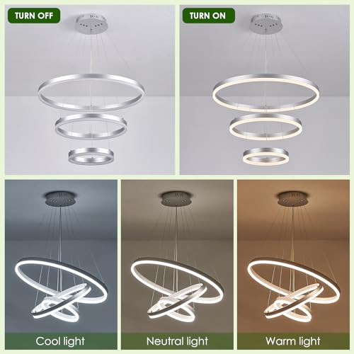 3 Rings Modern LED Chandelier Silver Dimmable Pendant Lighting with Remote Control Circular Flush Mount High Ceiling Light for Dining Room Living Room Entrance Foyer