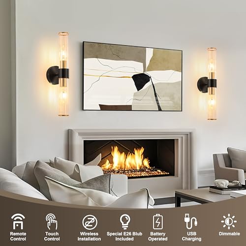 Black Gold Battery Operated Wall Sconces Set of Two