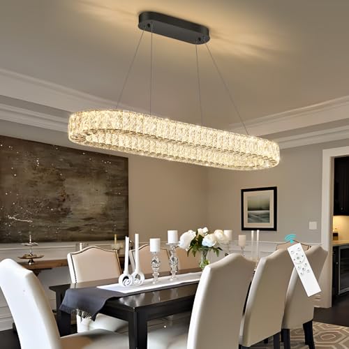 Oval Crystal Chandelier Modern Dimmable LED Chandeliers for Dining Room Rectangular Light Fixture with Remote for Living Room Kitchen Light Black