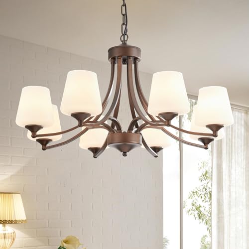 8 Light Large Rustic Chandeliers with Frosted Milky White Glass