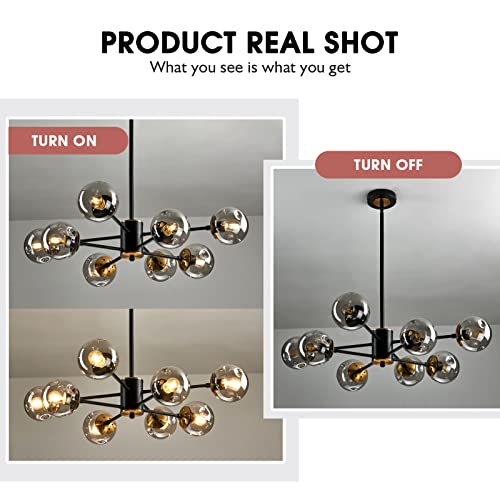8 Light Glass Globe Sputnik Chandelier Matte Black and Gold Mid Century Modern Ceiling Light Fixture Adjustable Vintage Hanging Pendant Lighting for Dining Room Kitchen Bedroom Farmhouse