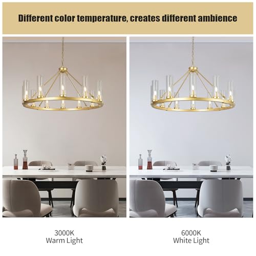 12 Lights Gold Chandelier Wagon Wheel Chandelier with Clear Glass Shade Round Industrial Pendant Lighting Fixture for Stair Living Room Foyer Kitchen